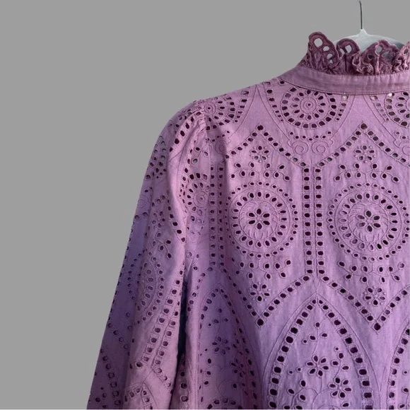 SEZANE Purple Wisteria Eyelet Ruffle Button Down Shirt Scalloped Chlo Blouse Top - Picture 11 of 14